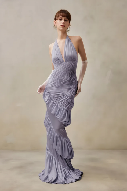 Elegant Solid V Neck Halter Backless Fitted Ruched Party Dress