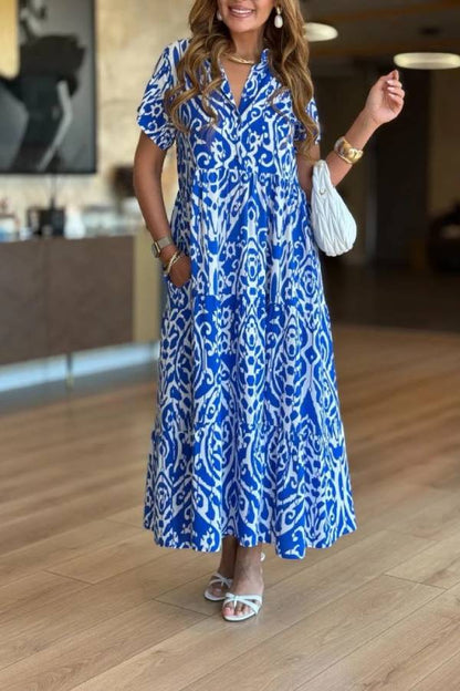 Ethnic Print V-Neck Short Sleeve Tiered Flowy Maxi Dress