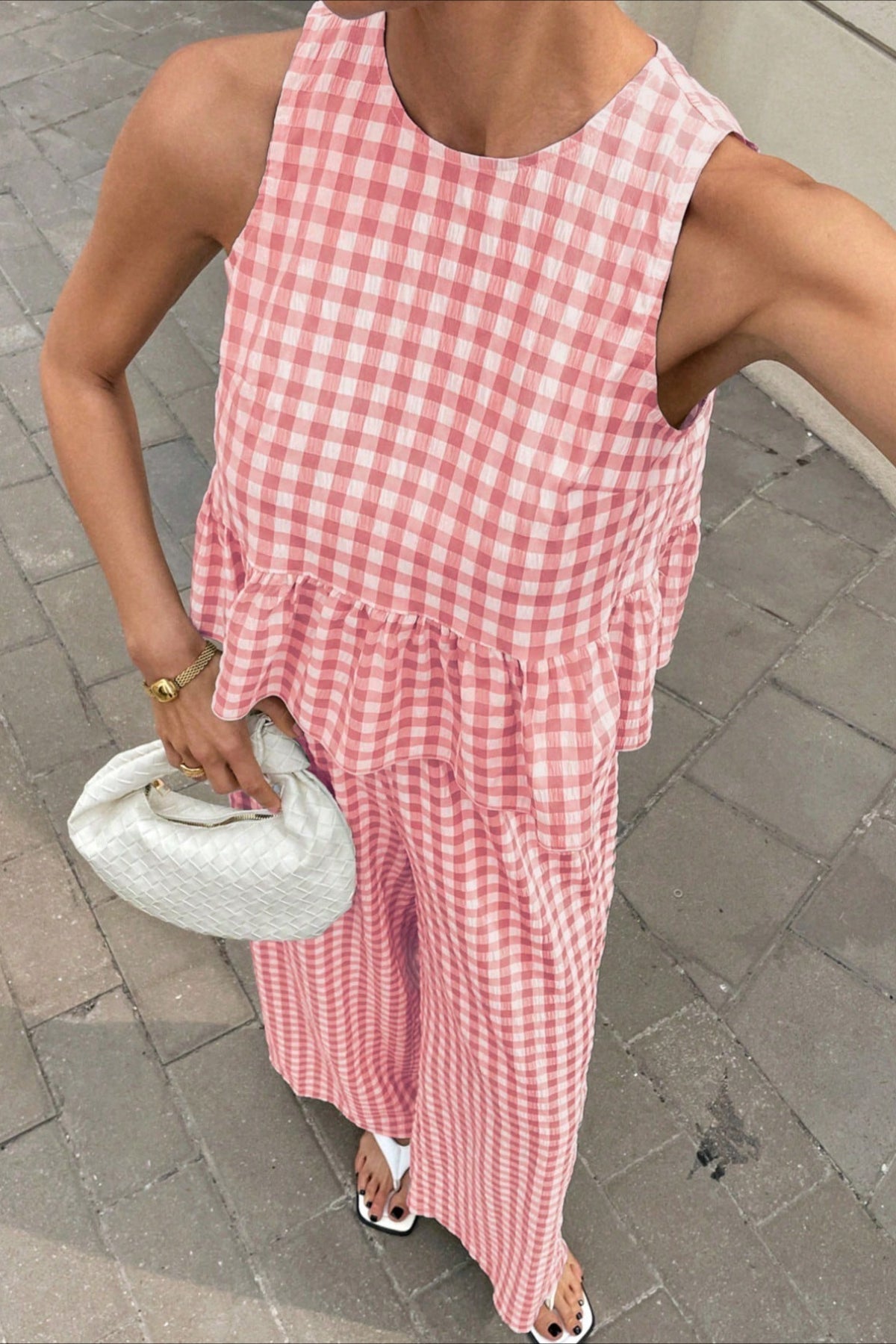 Plaid Ruffle Hem Round Neck Sleeveless Pants Set