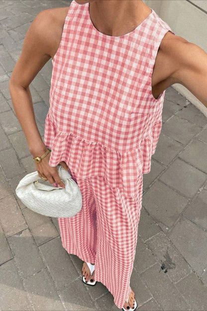 Plaid Ruffle Hem Round Neck Sleeveless Pants Set