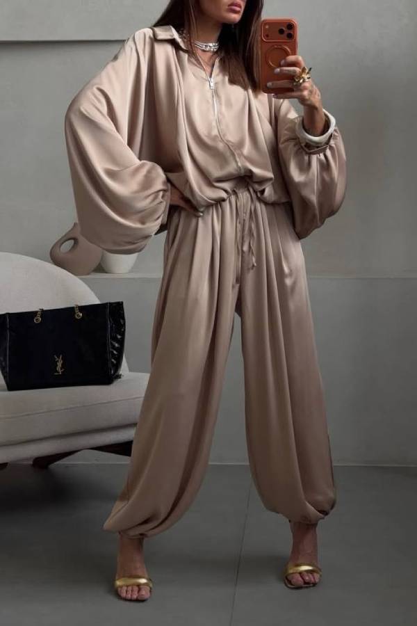 Satin Collar Puff Sleeve Drawstring Jogger Pants Two Piece Lazy Co-Ord Set
