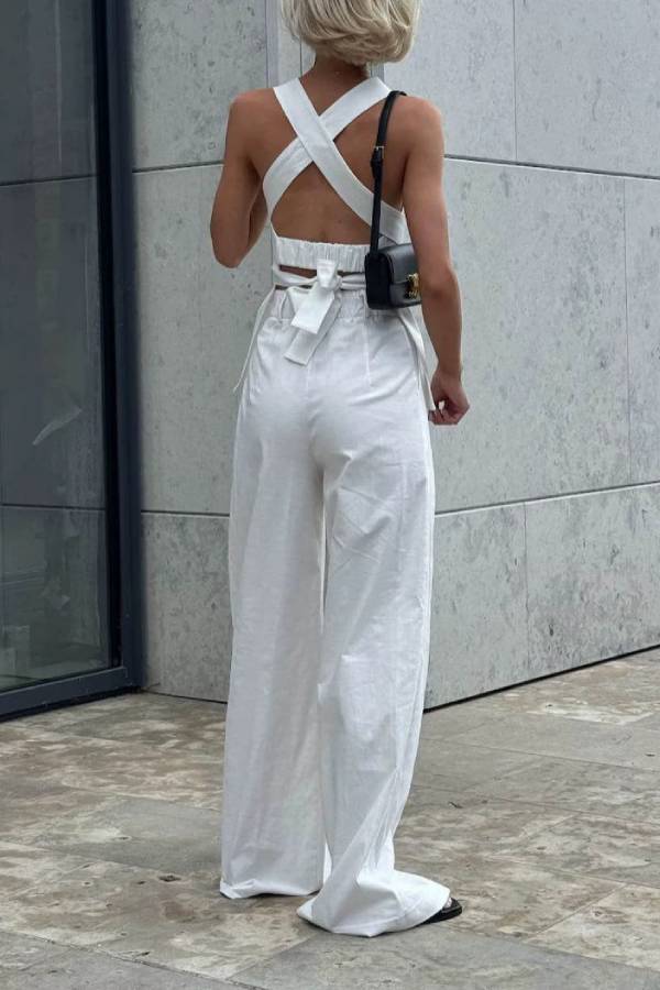 Cross-Band Sleeveless Waist Top & Wide Leg Pants Set