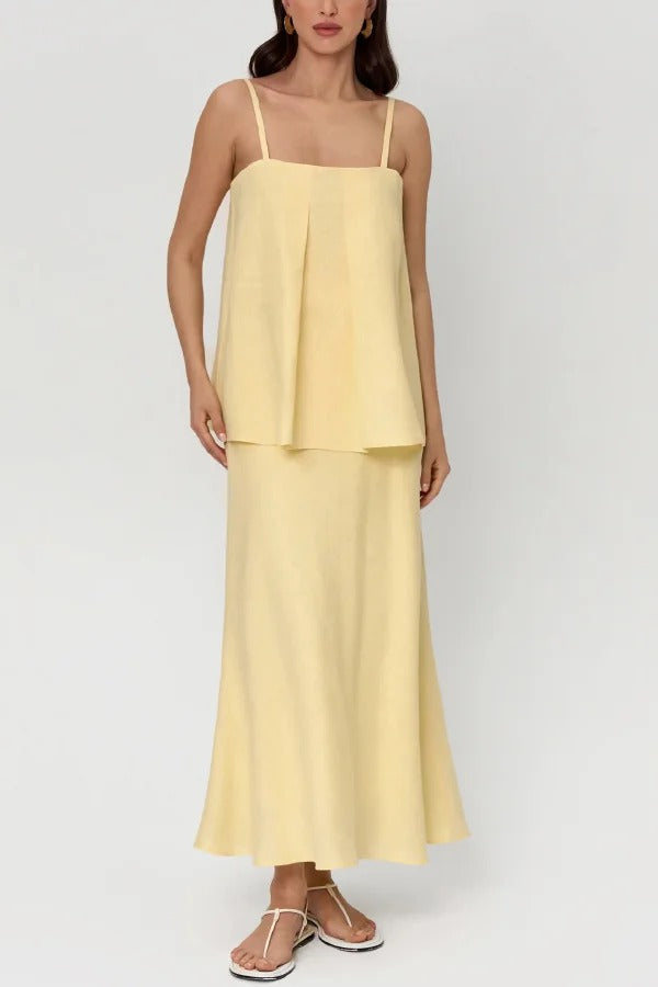 Linen Blend Loose Square Neck Camisole Top and Elegant Resort Maxi Skirt Set