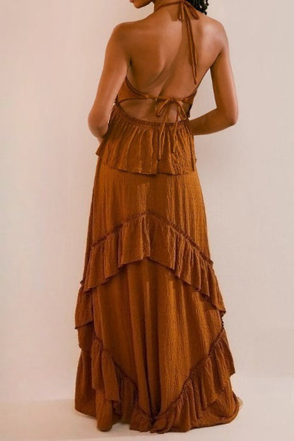 Solid Backless Ruffle Patchwork Boho Dress