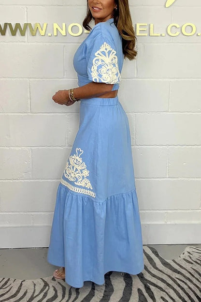 Stylish V-neck Puff-sleeved Crop Top and Elastic Waist Paneled Maxi Skirt Set