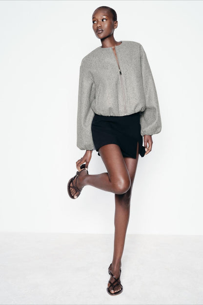 Faux Wool Short Zip Bomber Jacket