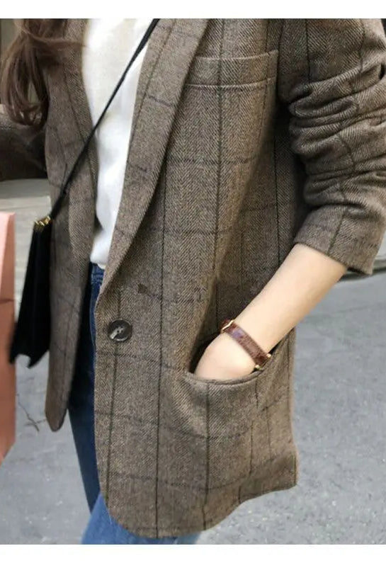 Plaid Woolen Button Blazer