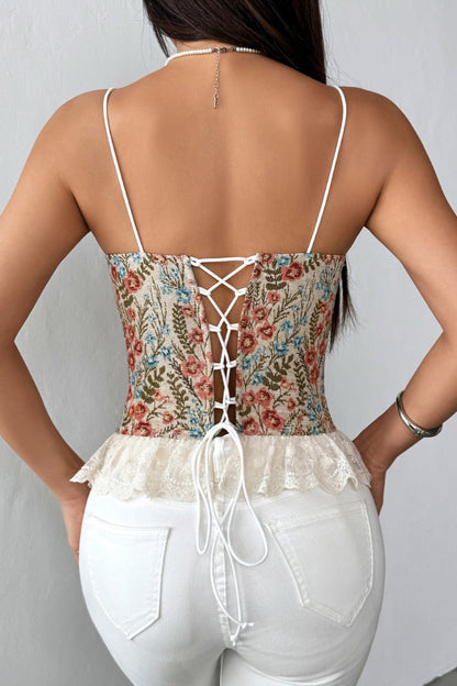 Lace Trim Patchwork Boned Corset Tank Top