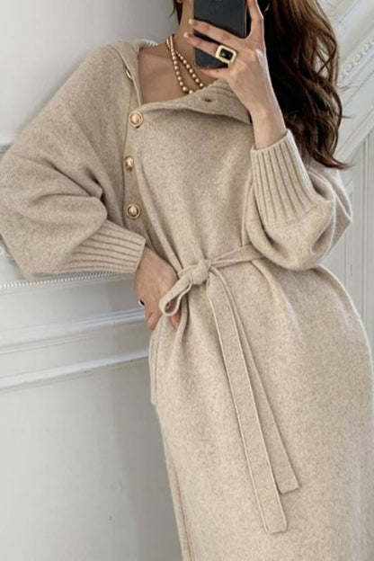 Diagonal‑Button Turtleneck Waist‑Tie Knit Midi Dress