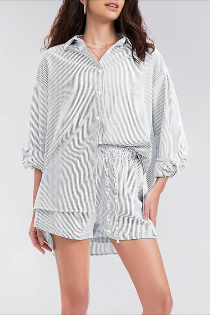 Striped Lapel Long Sleeve Blouse Shorts Set