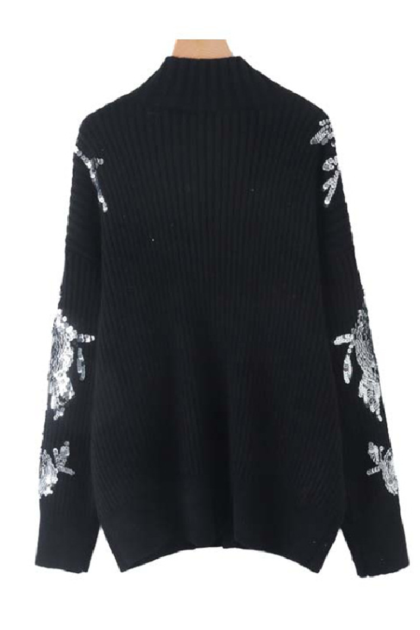 Turtleneck Loose-fitting Sequined Floral Pattern Long Sleeve Knitted Sweater
