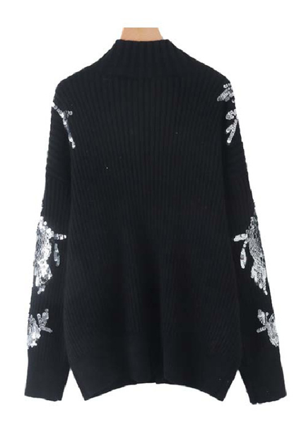 Turtleneck Loose-fitting Sequined Floral Pattern Long Sleeve Knitted Sweater