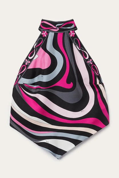 Satin Unique Print Halter Top and Irregular Midi Skirt Set