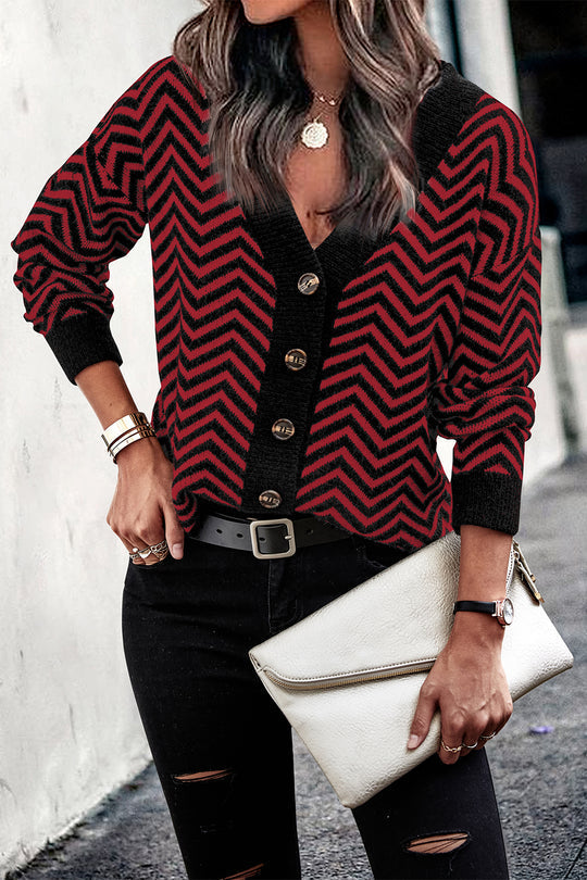 Long Sleeve V Neck Open Front Striped Knit Cardigan Sweaters