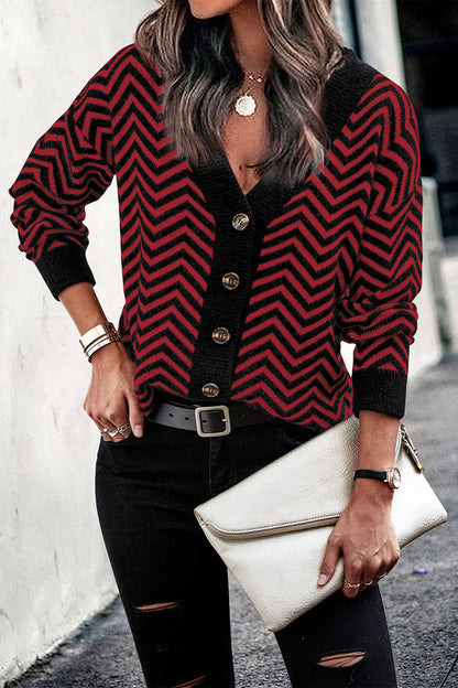 Long Sleeve V Neck Open Front Striped Knit Cardigan Sweaters