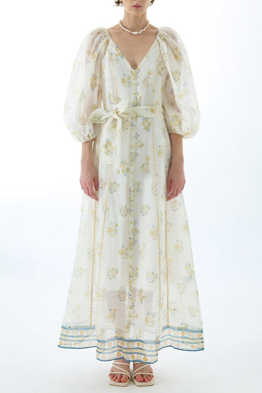Embroidered Puff Sleeve Tie Boho Dress