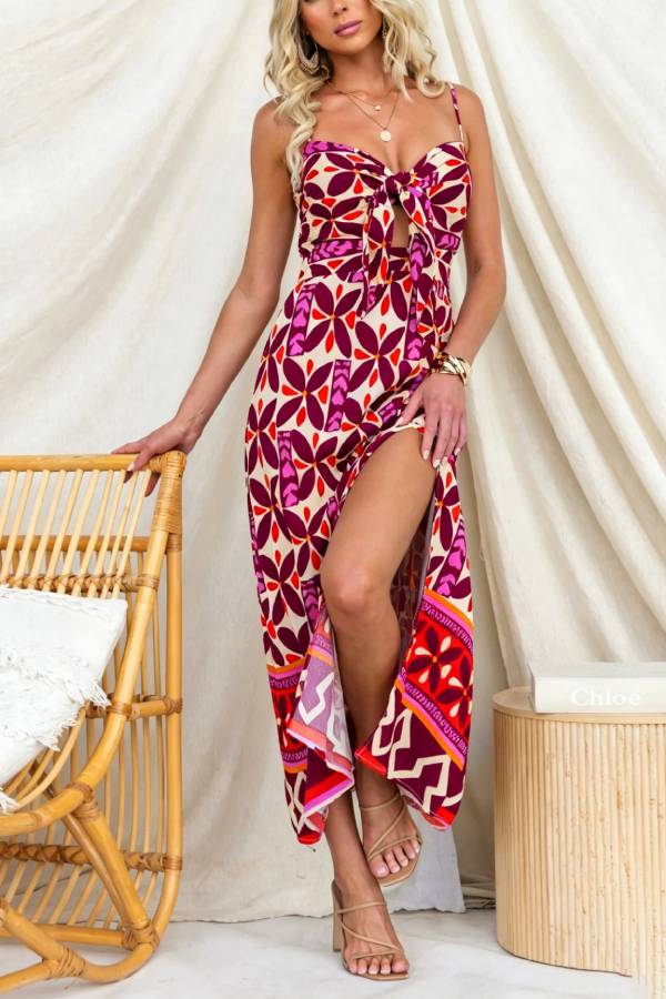 Retro Geometric Print Spaghetti Strap Maxi Dress