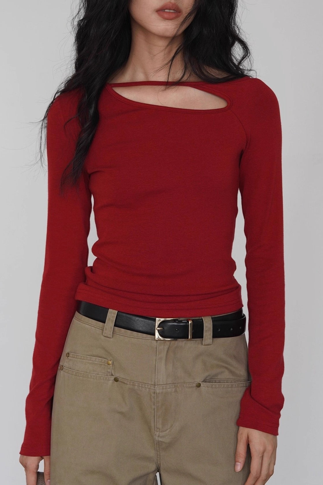 Asymmetric Cutout Slim Knit Top