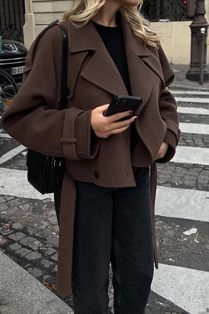 Wide Lapel Belted Cropped Wool Coat