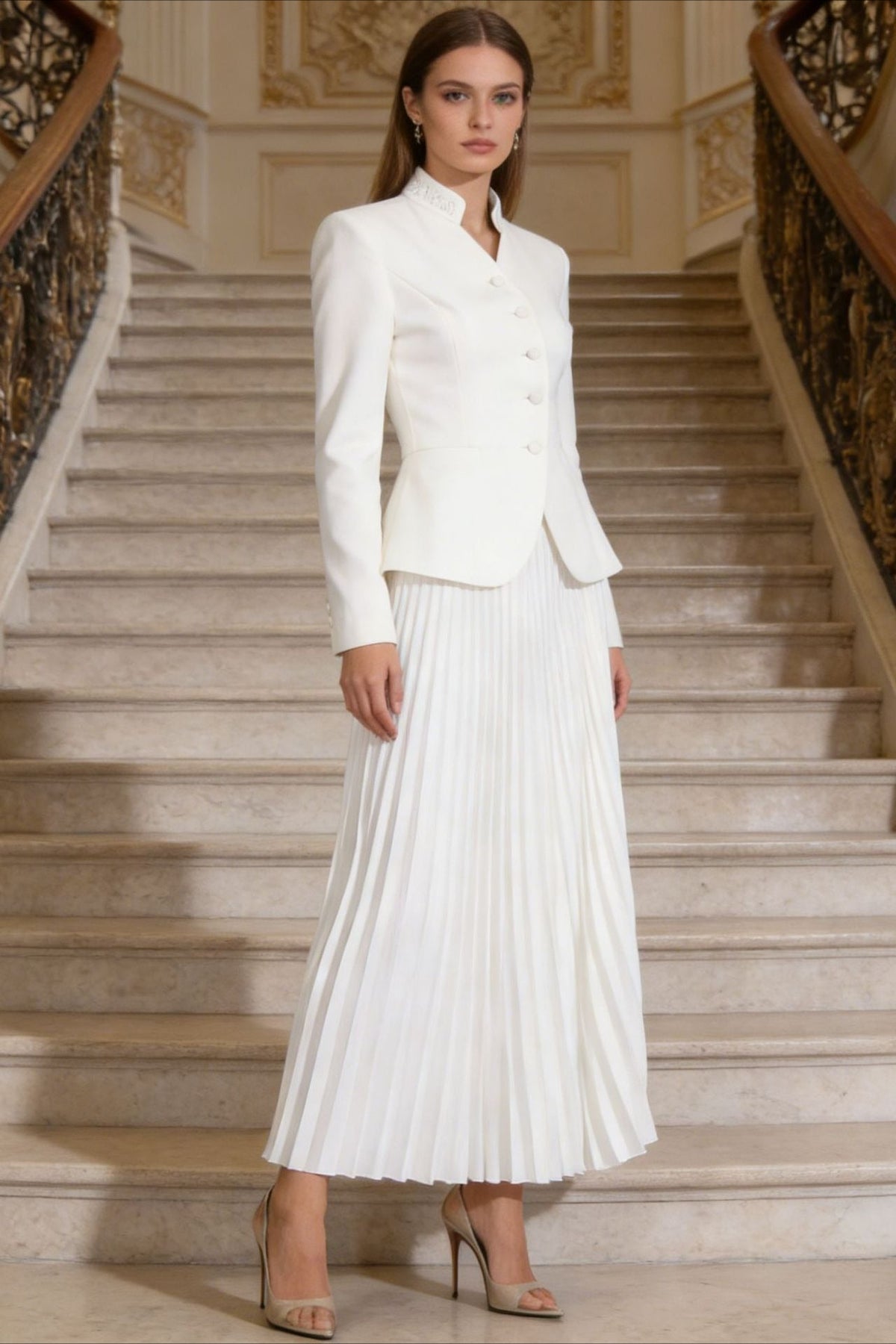 Elegant Two Piece Blazer Pleated Skirt Set