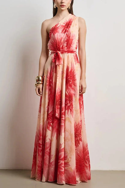 Floral Print One Shoulder Waist Tie Full Hem Resort Style Maxi Dress