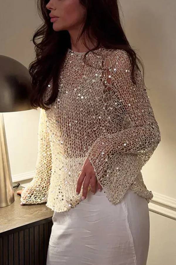 Fashion Sequined Hollow Long Sleeve Loose Knit Top