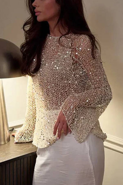 Fashion Sequined Hollow Long Sleeve Loose Knit Top