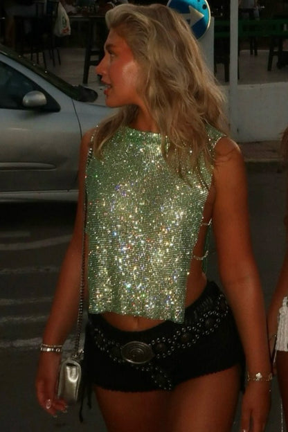 Full Rhinestone High Neck Crop Top