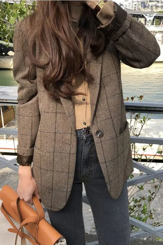 Plaid Woolen Button Blazer