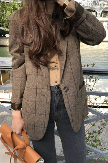 Plaid Woolen Button Blazer