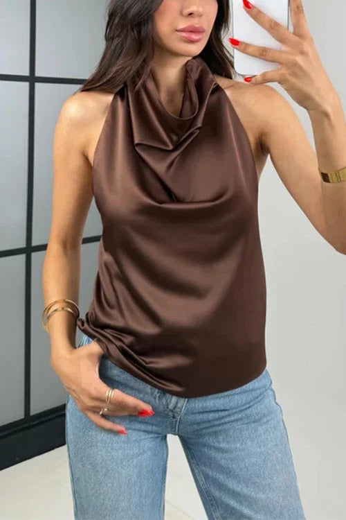 Chic Halter Cowl Neck Sleeveless Satin Top