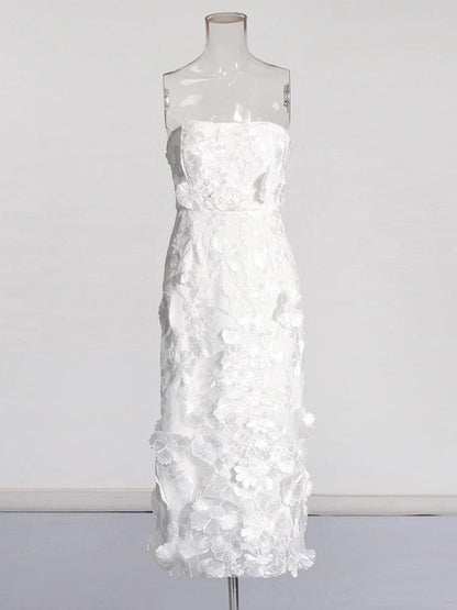 3D Floral Applique Strapless Bodycon Midi Dress