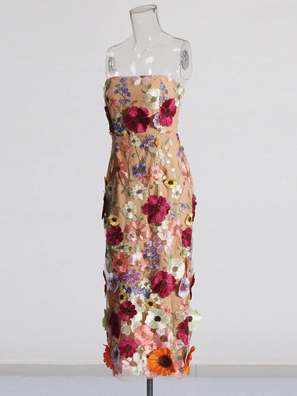 3D Floral Applique Strapless Bodycon Midi Dress