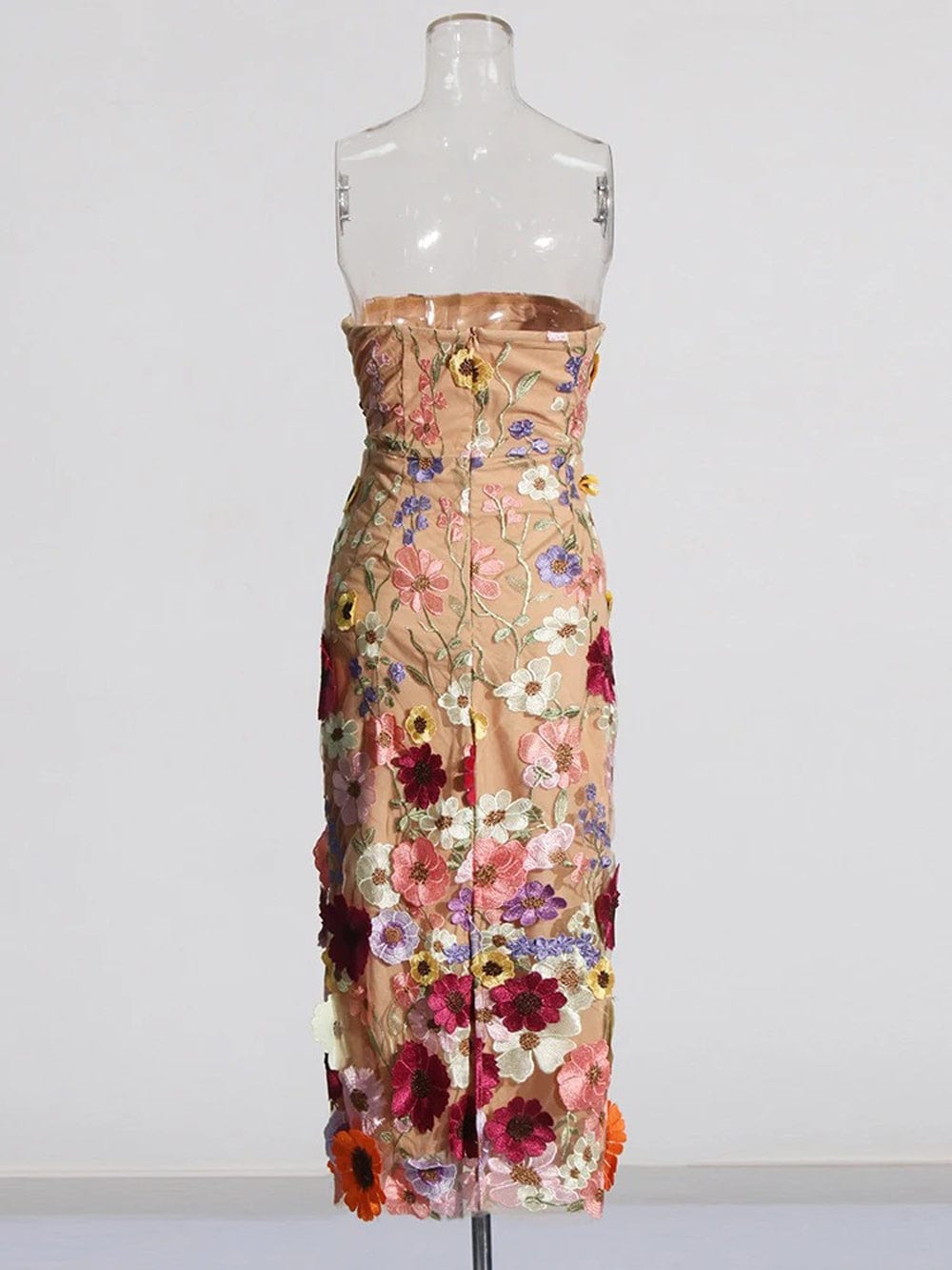 3D Floral Applique Strapless Bodycon Midi Dress