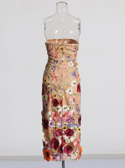 3D Floral Applique Strapless Bodycon Midi Dress