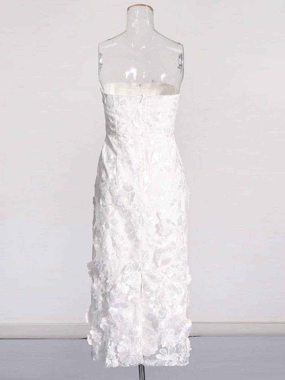 3D Floral Applique Strapless Bodycon Midi Dress