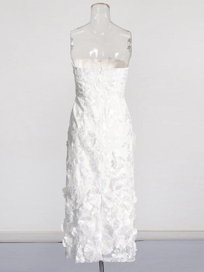 3D Floral Applique Strapless Bodycon Midi Dress