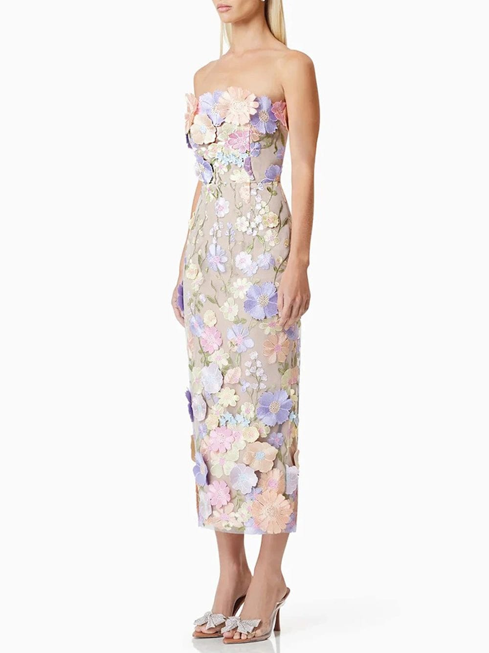 3D Floral Applique Strapless Bodycon Midi Dress
