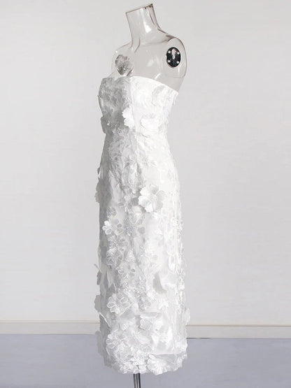 3D Floral Applique Strapless Bodycon Midi Dress