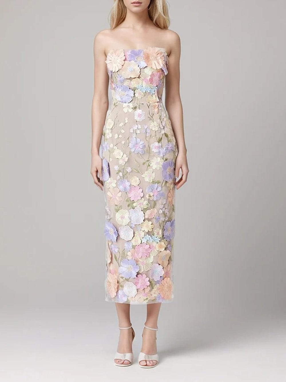 3D Floral Applique Strapless Bodycon Midi Dress