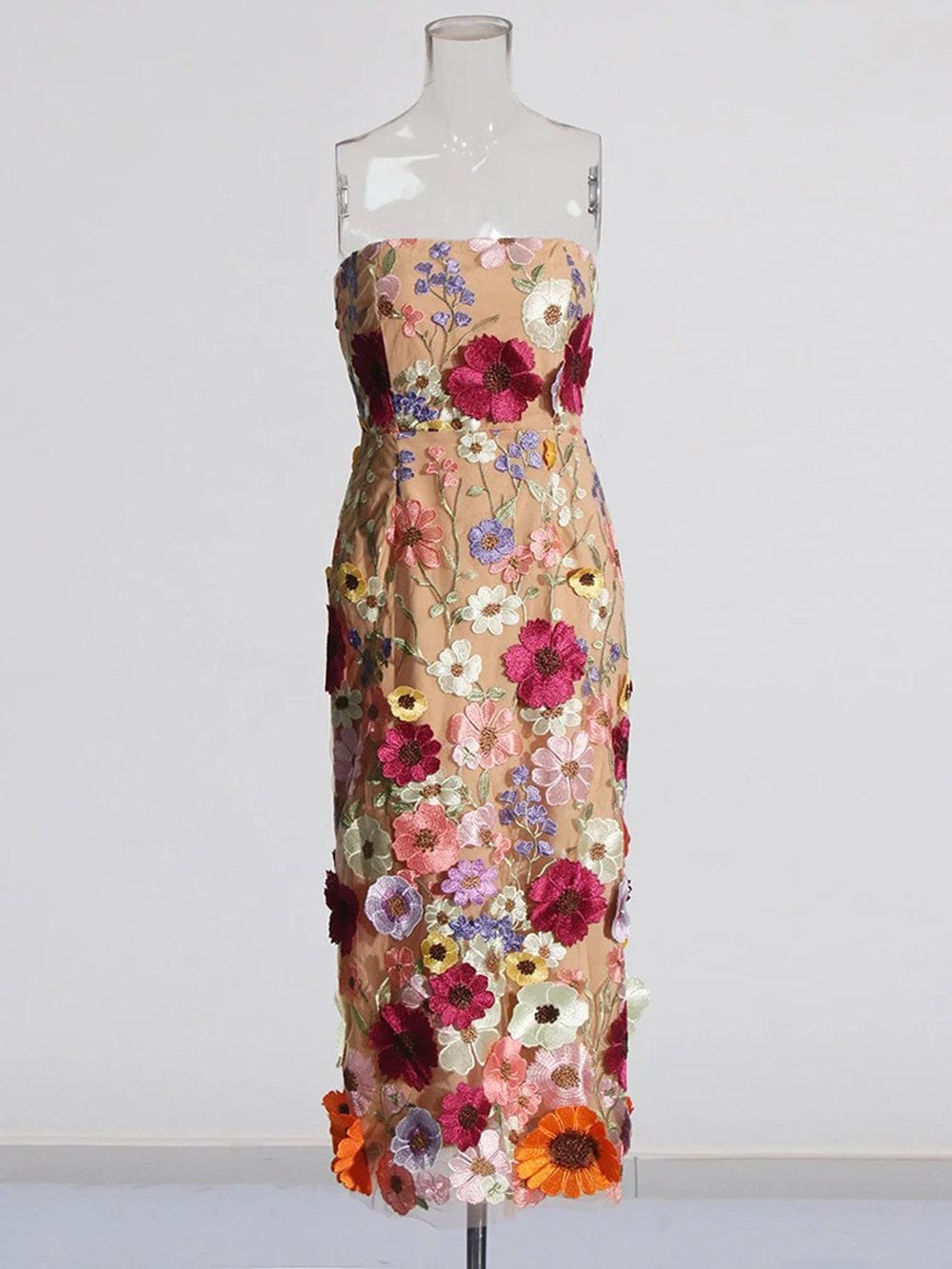3D Floral Applique Strapless Bodycon Midi Dress