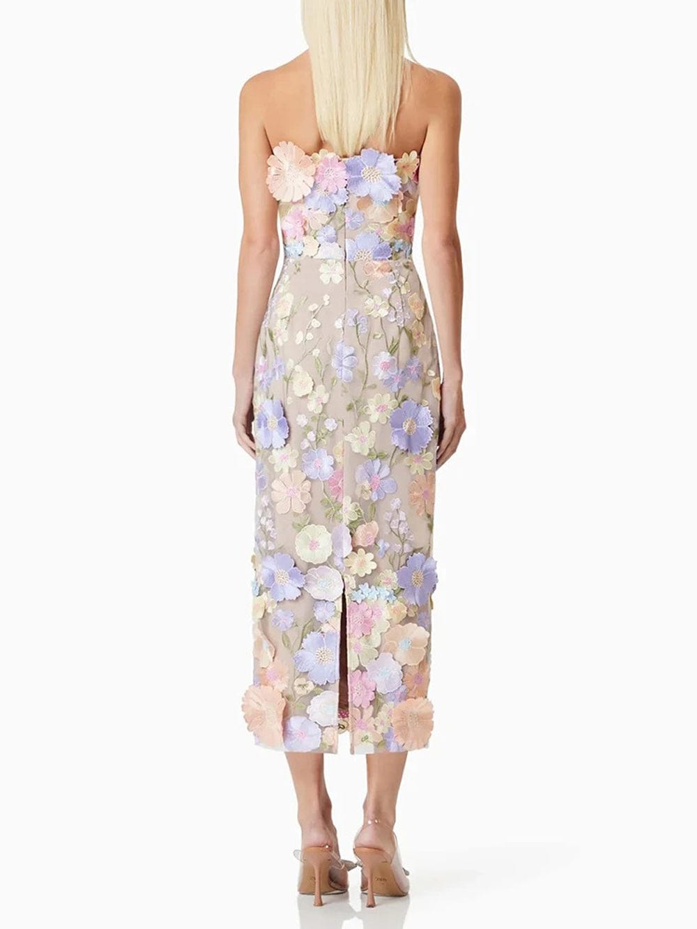 3D Floral Applique Strapless Bodycon Midi Dress