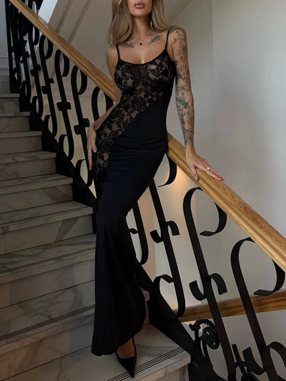 Black Asymmetric Lace Panel Spaghetti Strap Mermaid Maxi Dress