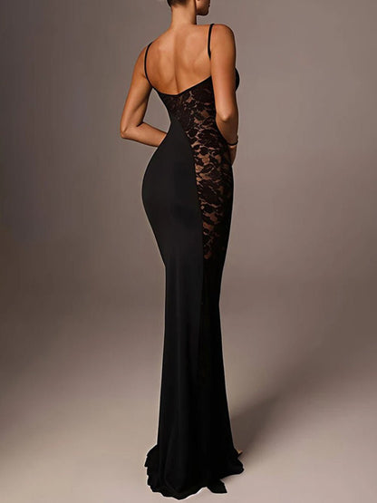 Black Asymmetric Lace Panel Spaghetti Strap Mermaid Maxi Dress