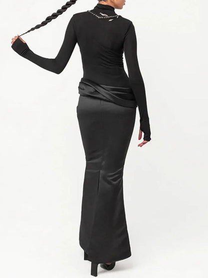 Black Satin Faux Two-Piece Mock Neck Long Sleeve Ruched Maxi Dress