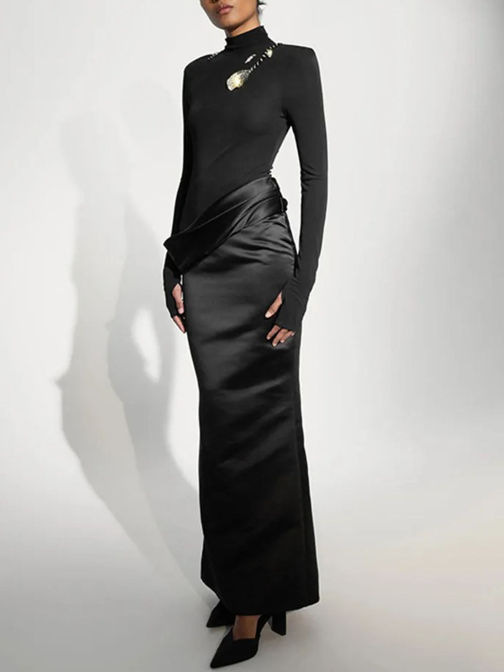 Black Satin Faux Two-Piece Mock Neck Long Sleeve Ruched Maxi Dress