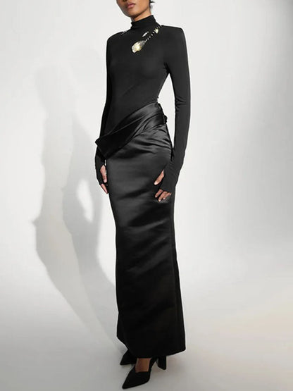Black Satin Faux Two-Piece Mock Neck Long Sleeve Ruched Maxi Dress