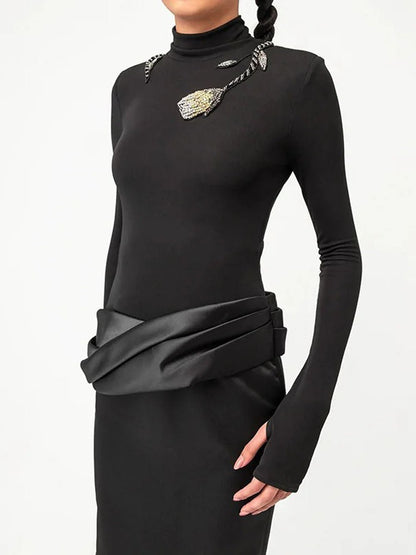 Black Satin Faux Two-Piece Mock Neck Long Sleeve Ruched Maxi Dress