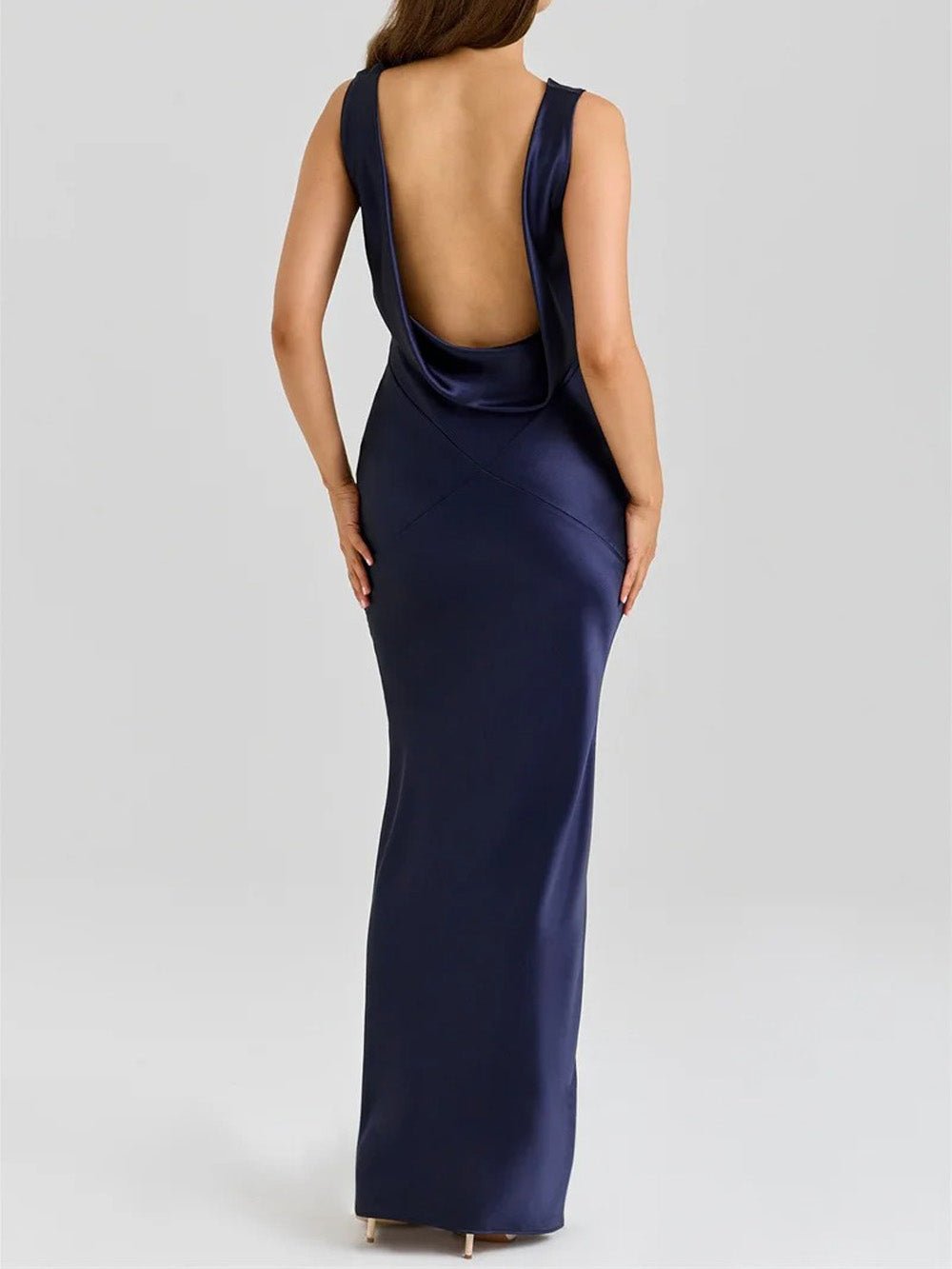 Blue Satin Cowl Neck Cross Panel Seam Mermaid Maxi Dress