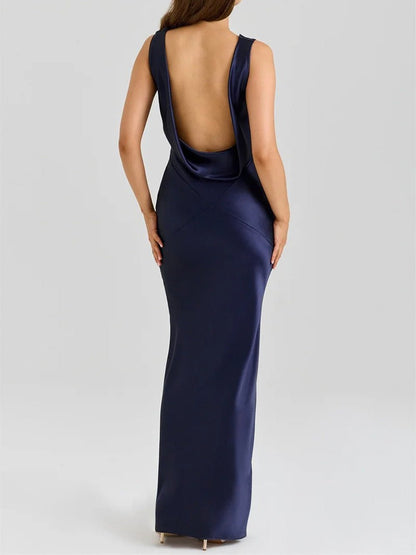 Blue Satin Cowl Neck Cross Panel Seam Mermaid Maxi Dress